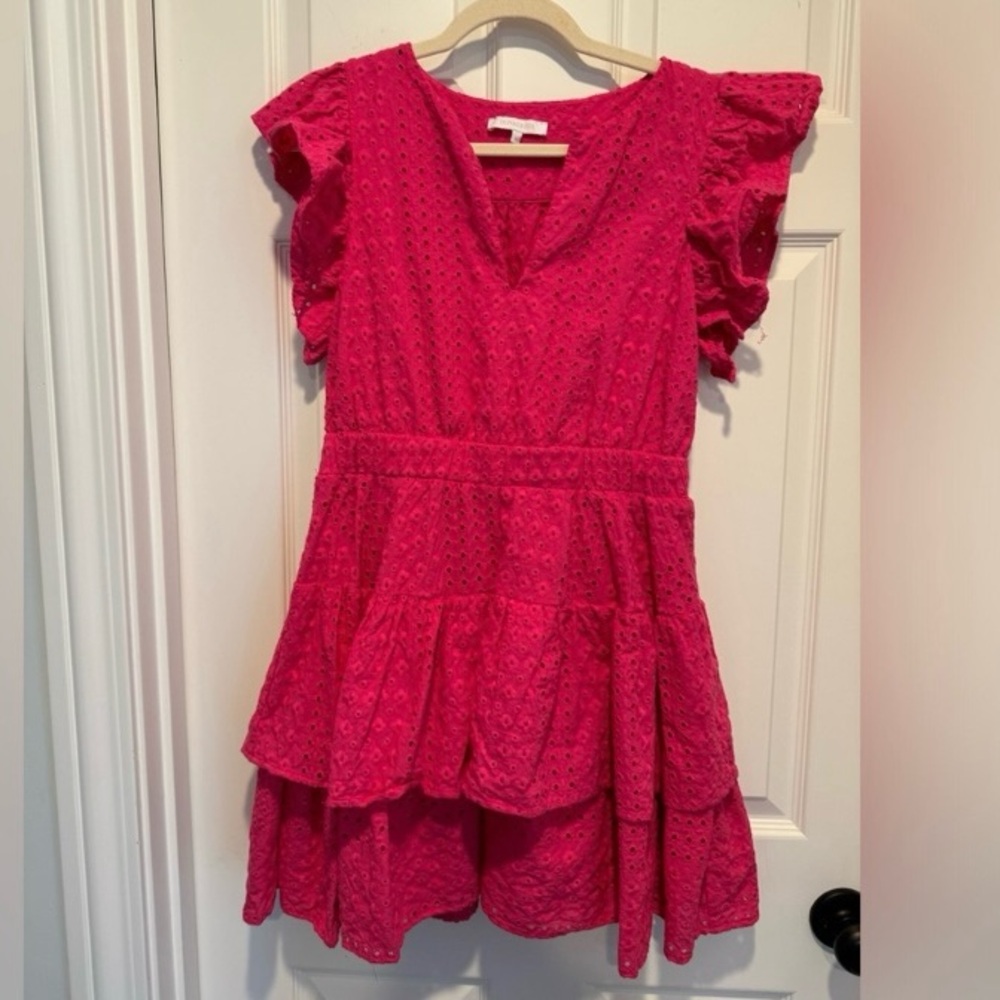Olivaceous hot pink tiered ruffle eyelet layered flutter sleeve dress, Large